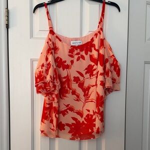 Peach Blush Top with Orange-Red Floral Print